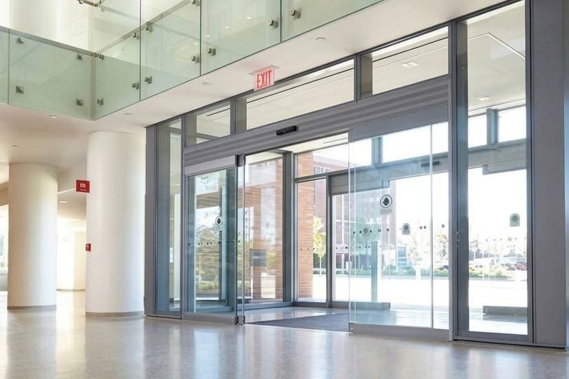 Commercial automatic sliding entrance in a public-facing building lobby
